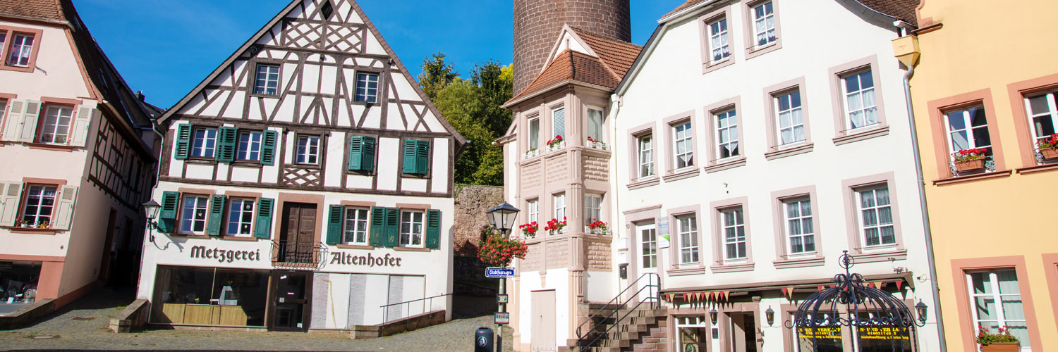 Mehrere historische Häuser. Links im Bild ist eine Metzgerei zu sehen.